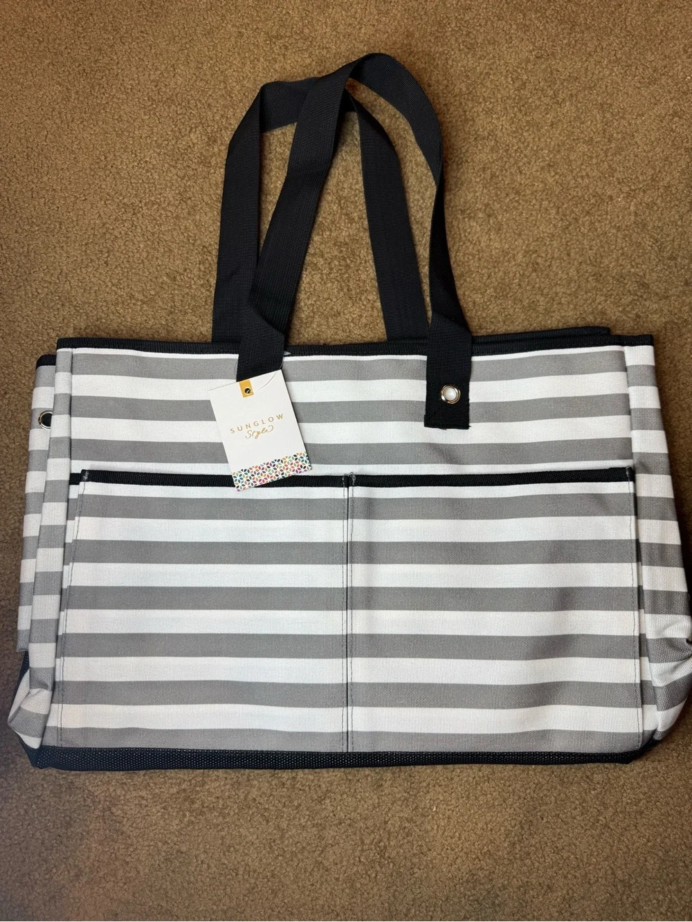 Gray & White Striped Tote Bag zipper 4 pockets beach office gym school travel